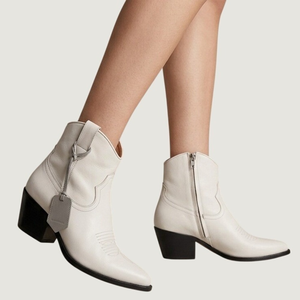 Mango Arizona White Leather Western Ankle Boots Pointed Toe Block Heel EU 39 NEW